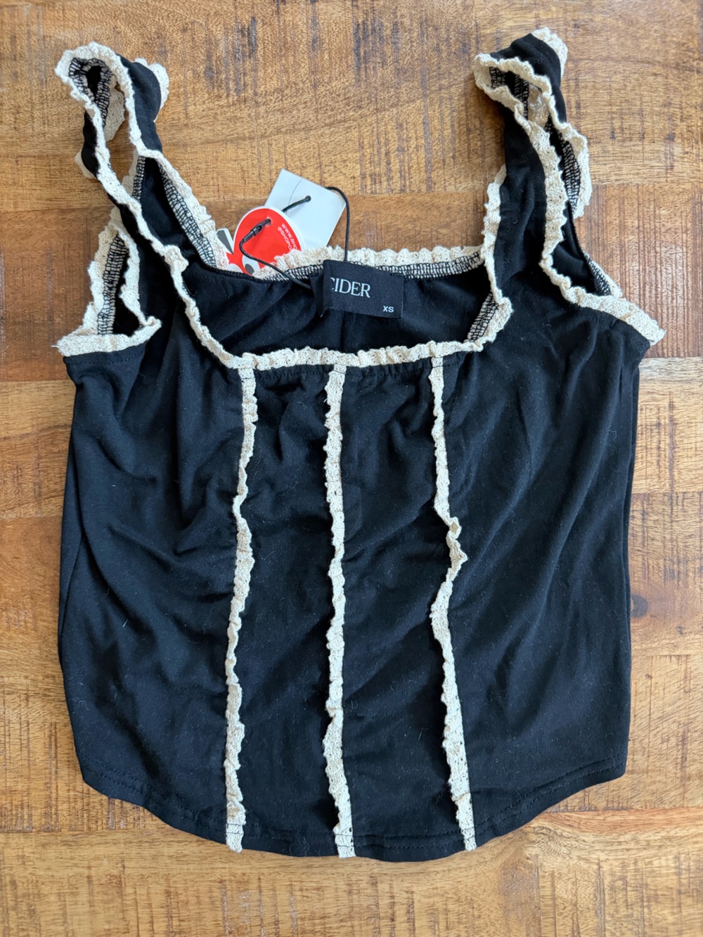 CIDER - Black Tank Top with Cream Ruffle Trim